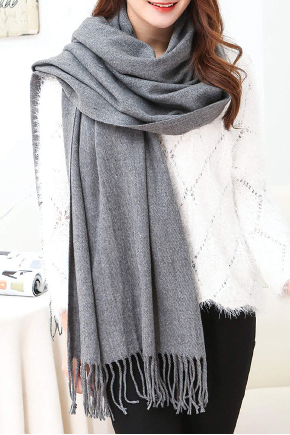 Women Solid Pattern Elegant Tassel Hem Warm Casual Winter Shawl