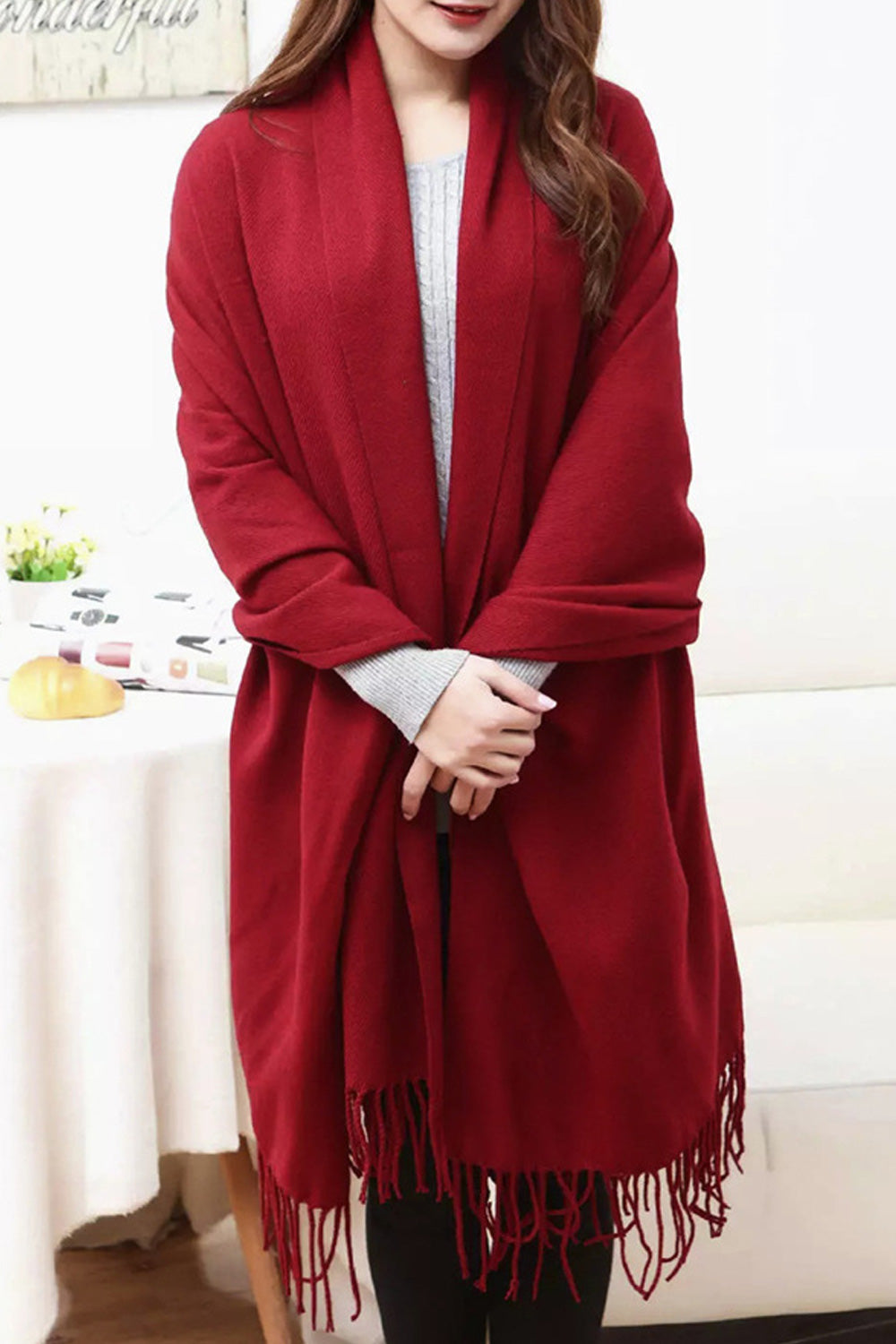 Women Solid Pattern Elegant Tassel Hem Warm Casual Winter Shawl