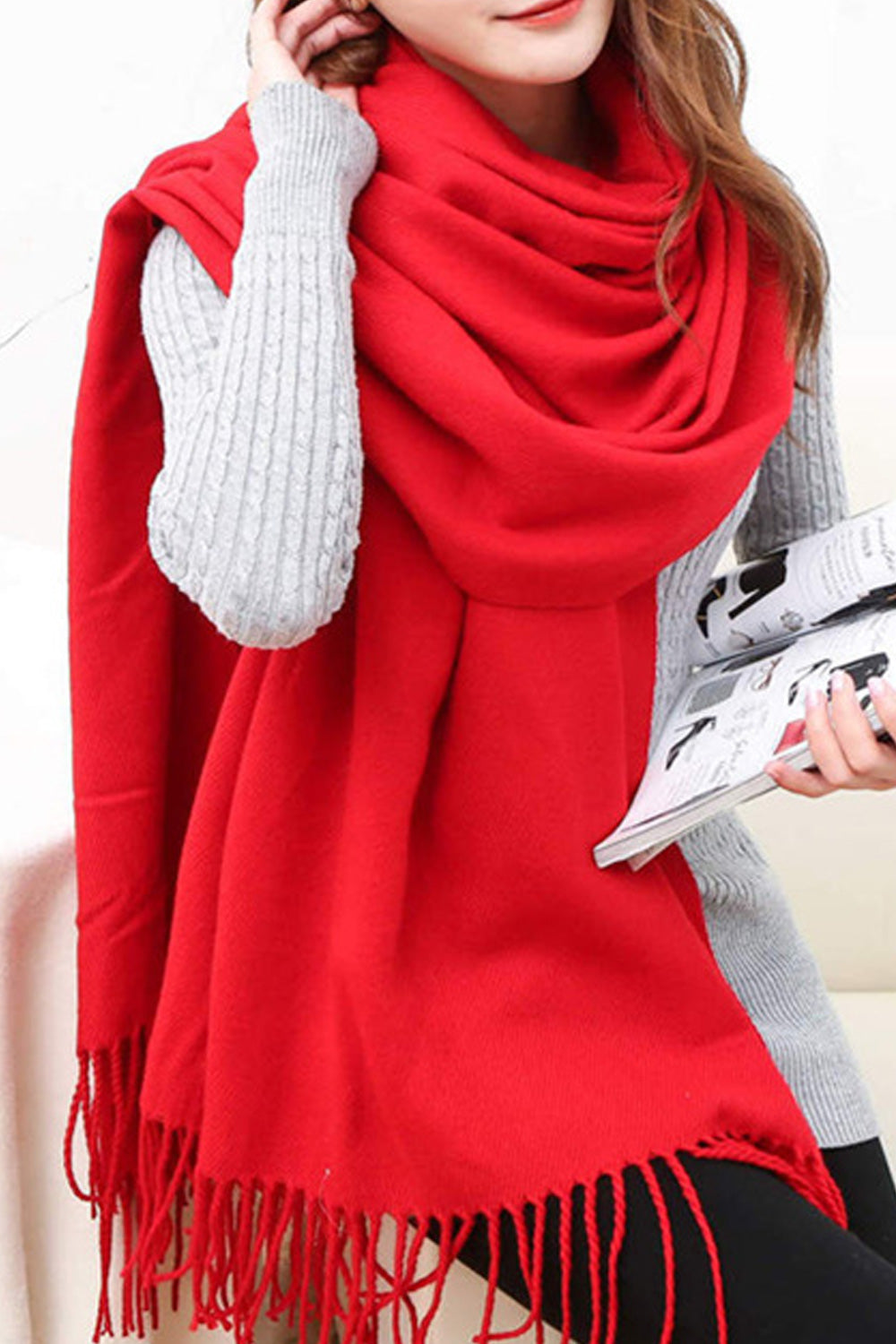 Women Solid Pattern Elegant Tassel Hem Warm Casual Winter Shawl