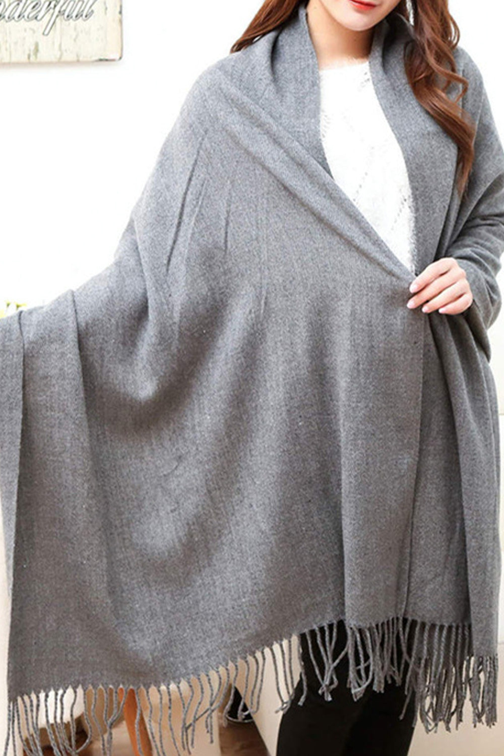 Women Solid Pattern Elegant Tassel Hem Warm Casual Winter Shawl
