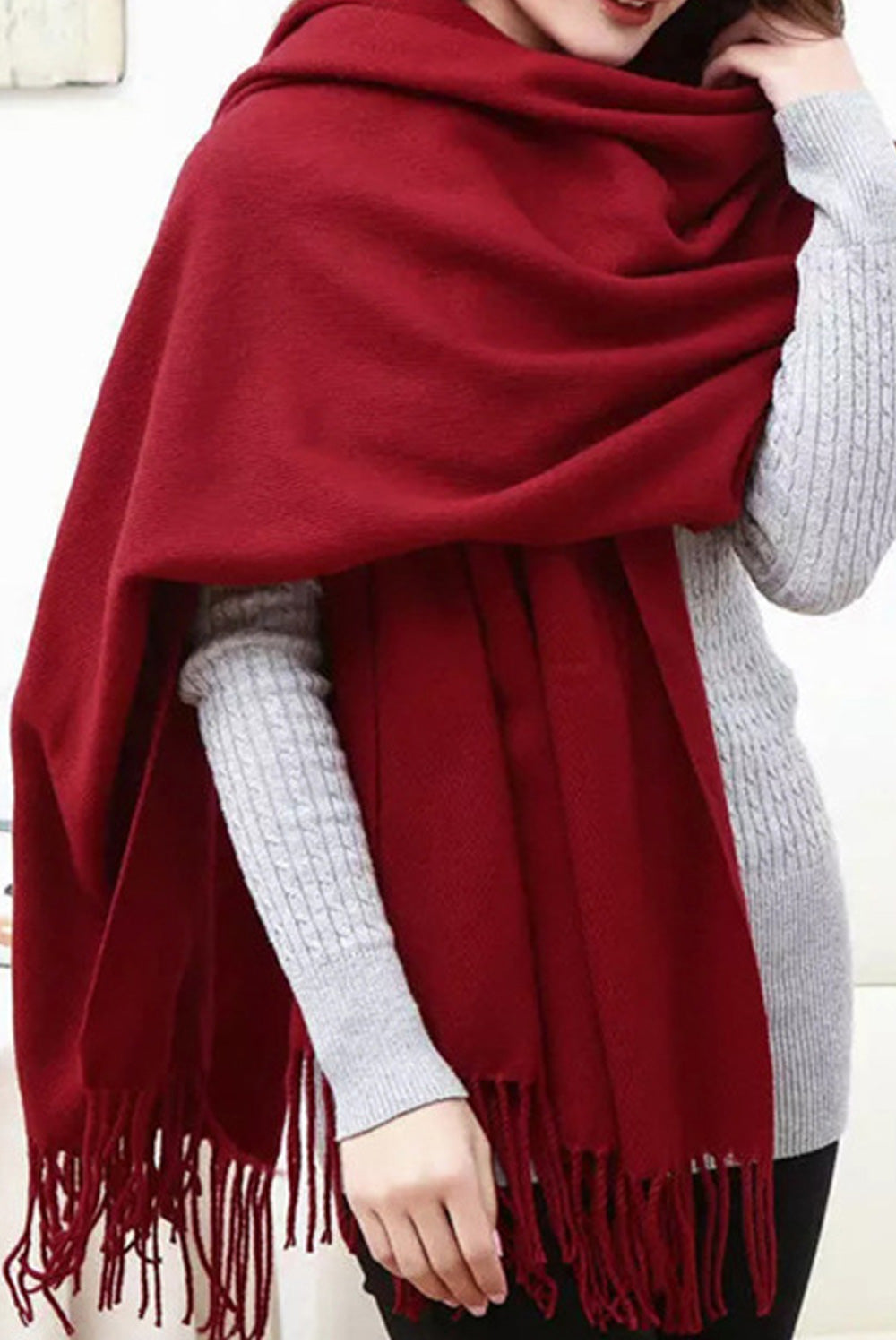 Women Solid Pattern Elegant Tassel Hem Warm Casual Winter Shawl