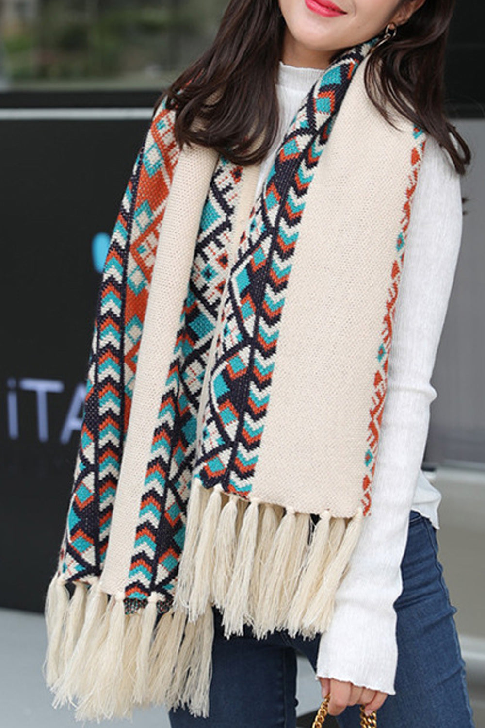 Women Classy Tassel Decorated Printed Style Warm Shawl