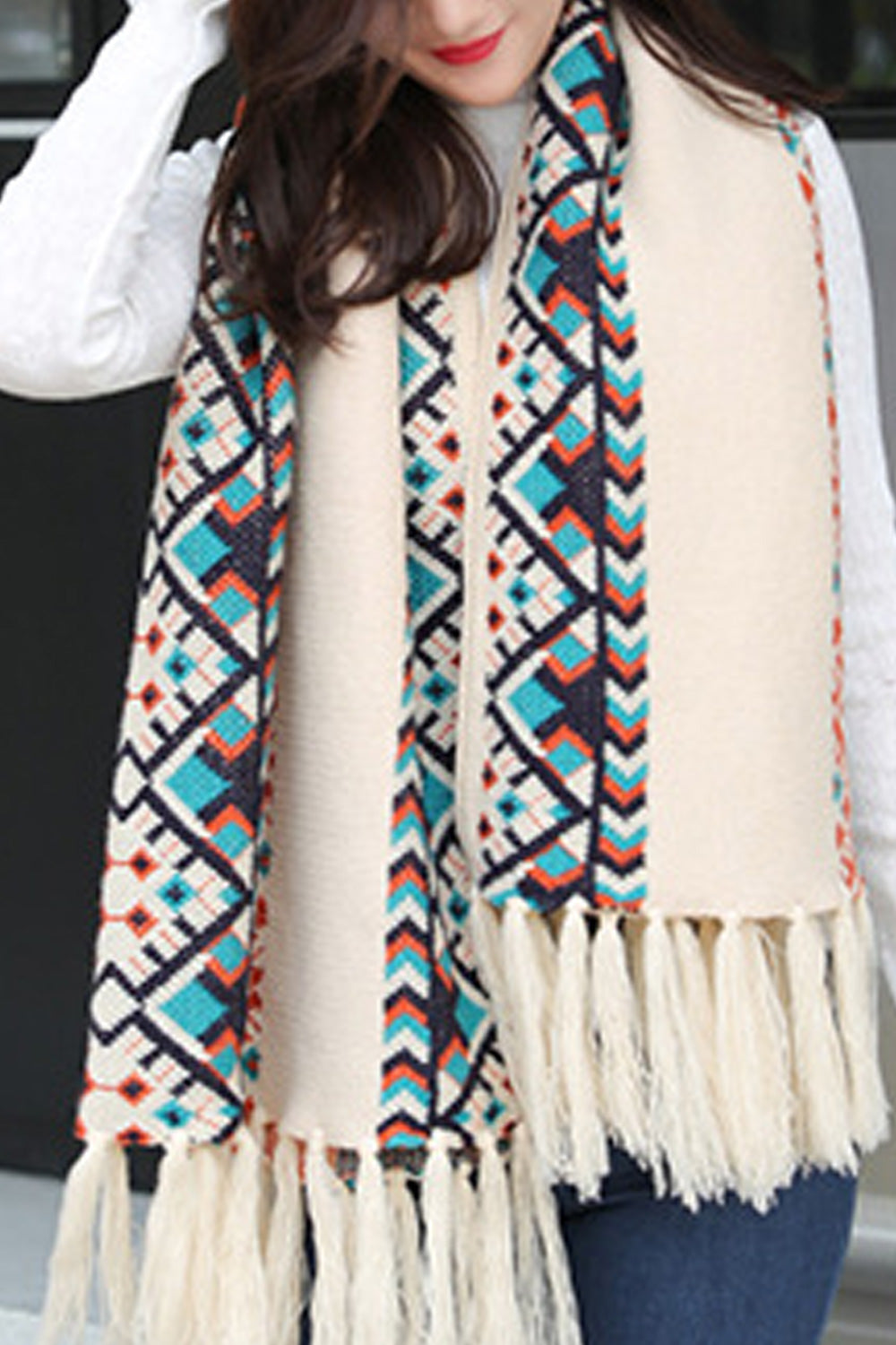 Women Classy Tassel Decorated Printed Style Warm Shawl