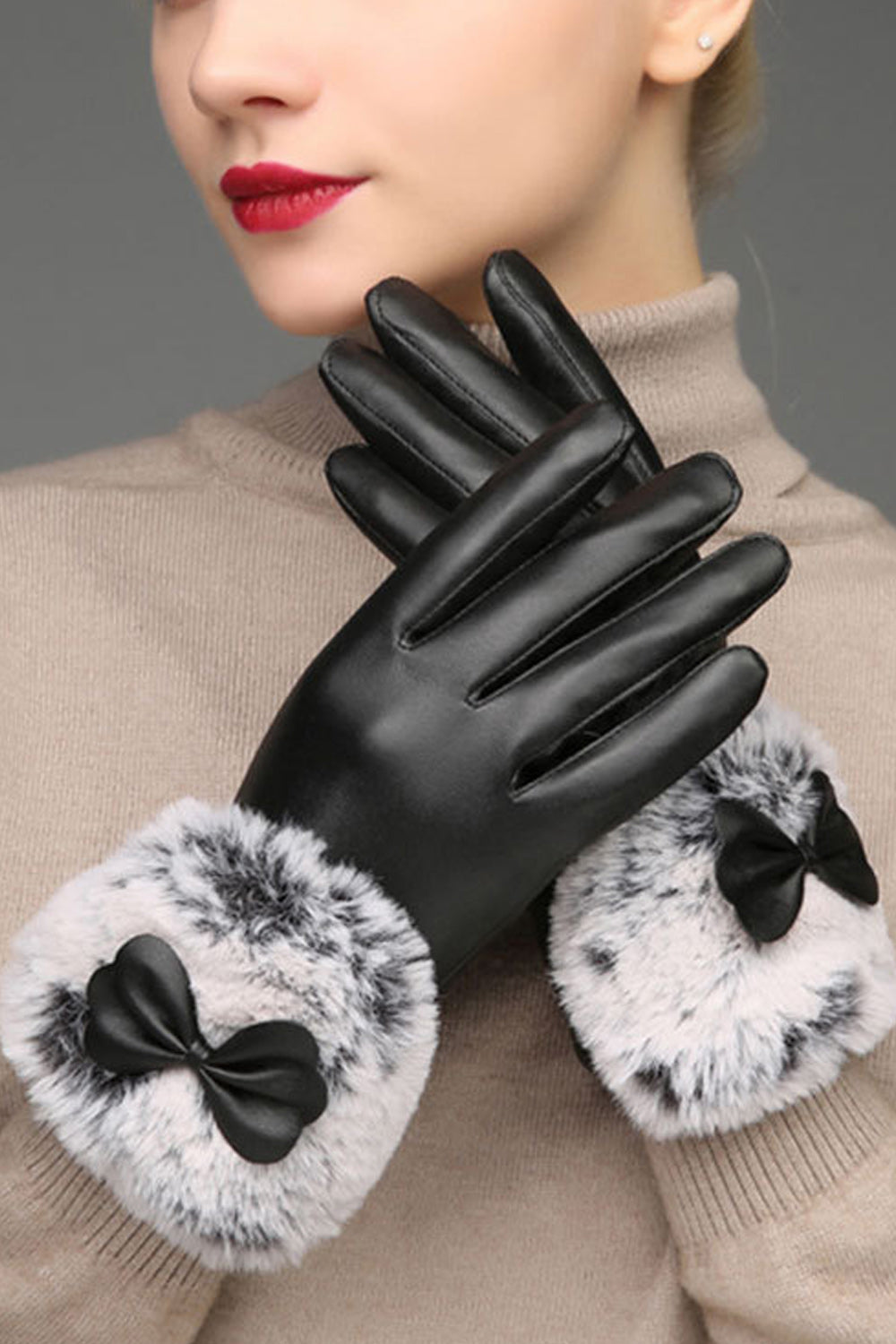 Women Ribbon Decorated Lovely Warm Solid Pattern PU Gloves