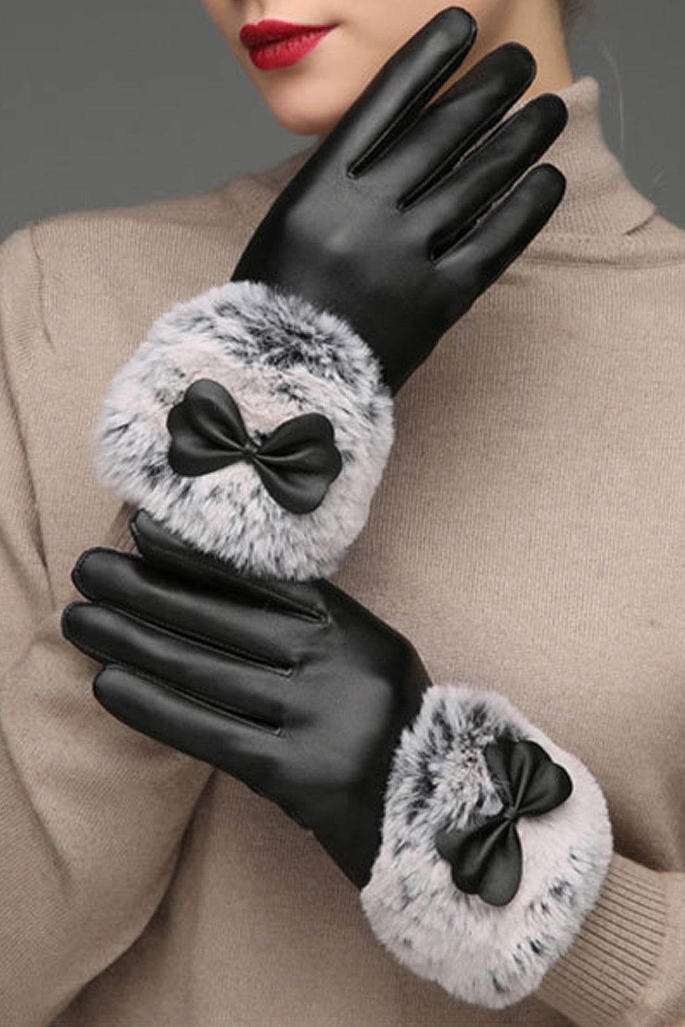 Women Ribbon Decorated Lovely Warm Solid Pattern PU Gloves