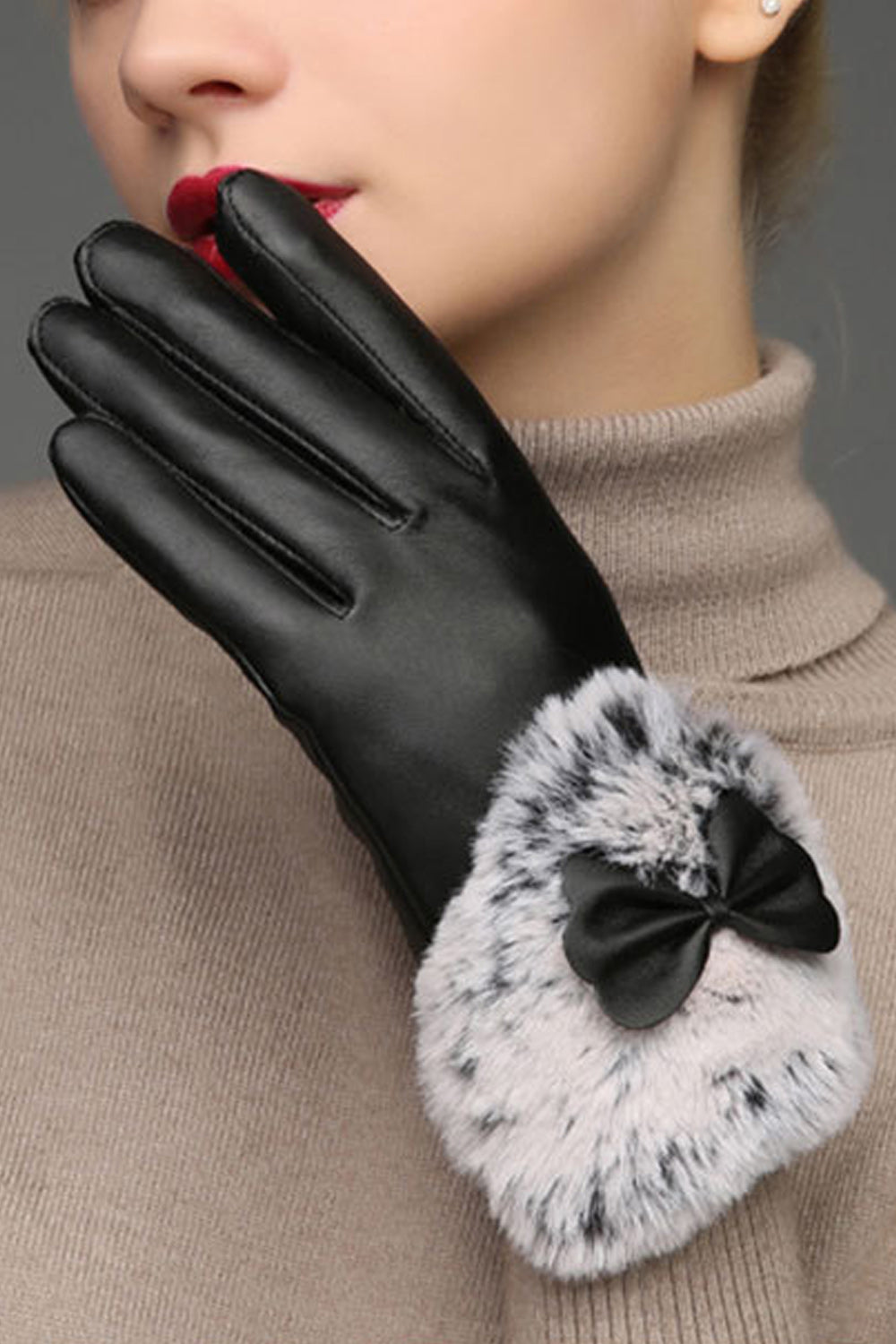 Women Ribbon Decorated Lovely Warm Solid Pattern PU Gloves