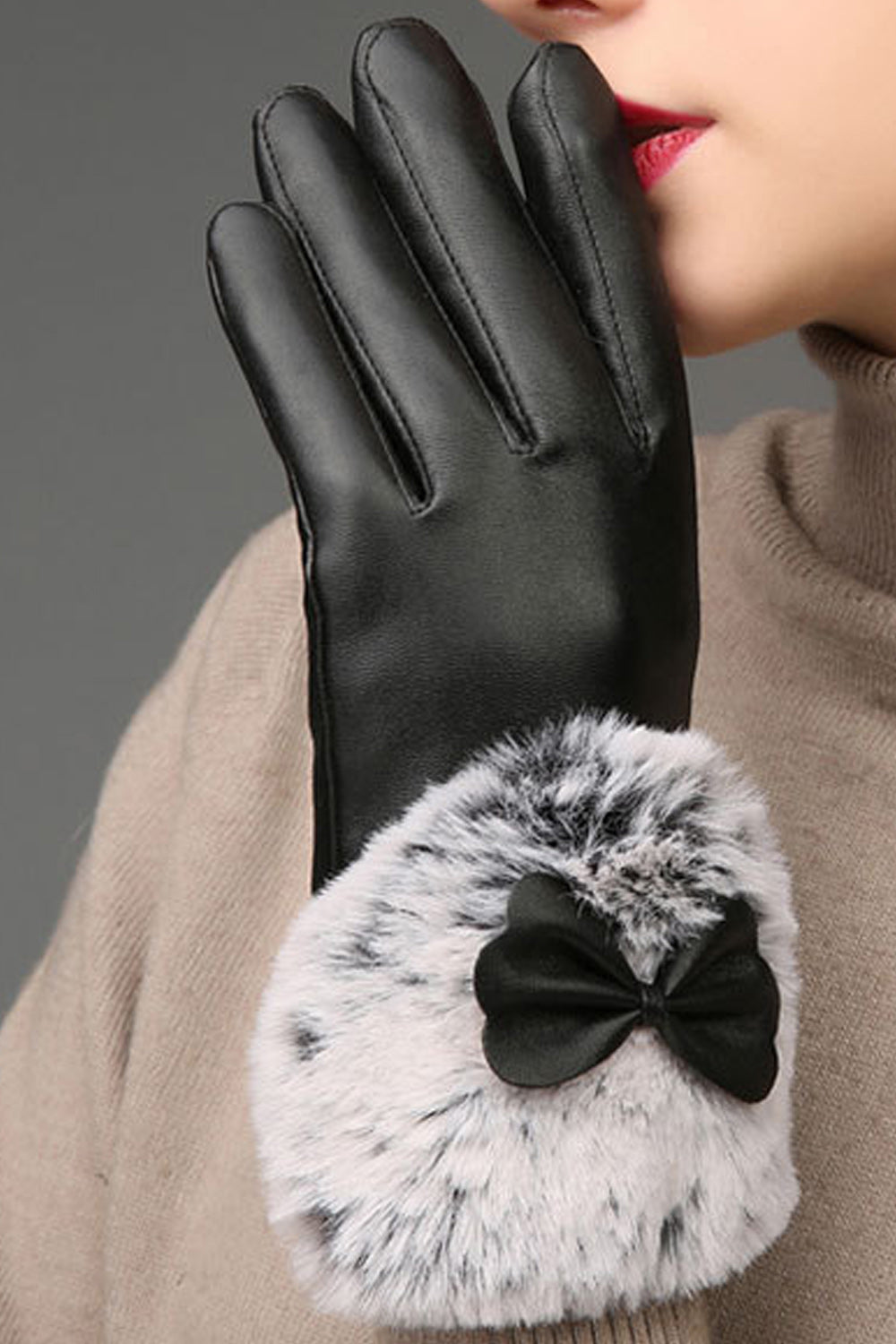 Women Ribbon Decorated Lovely Warm Solid Pattern PU Gloves