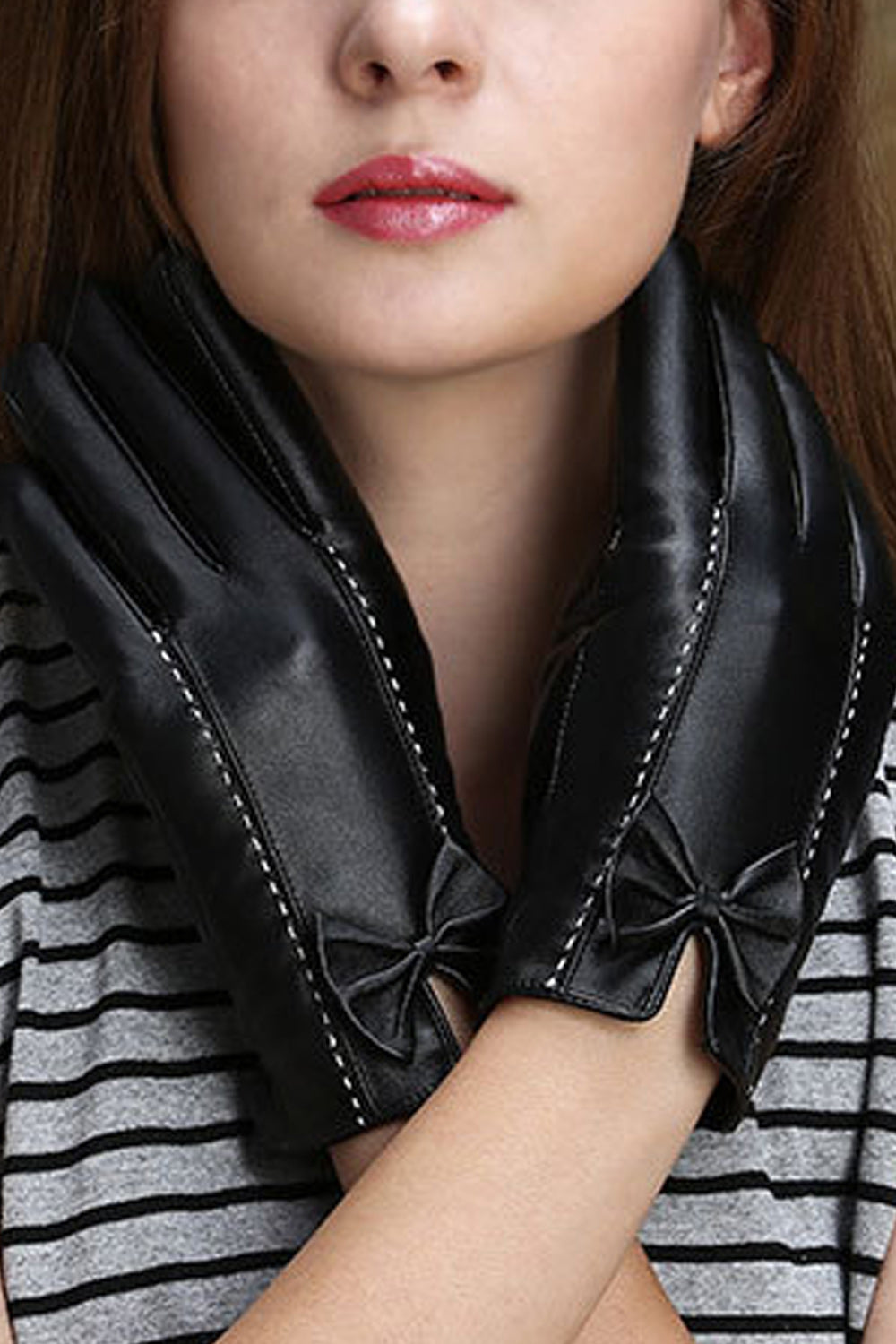 Women Solid Colored Thick Warm PU Leather Gloves