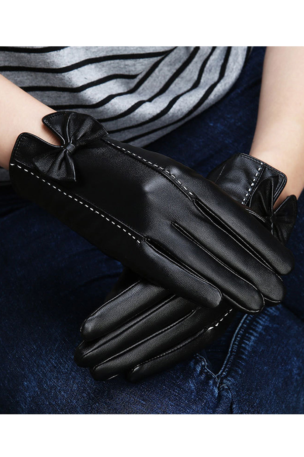 Women Solid Colored Thick Warm PU Leather Gloves