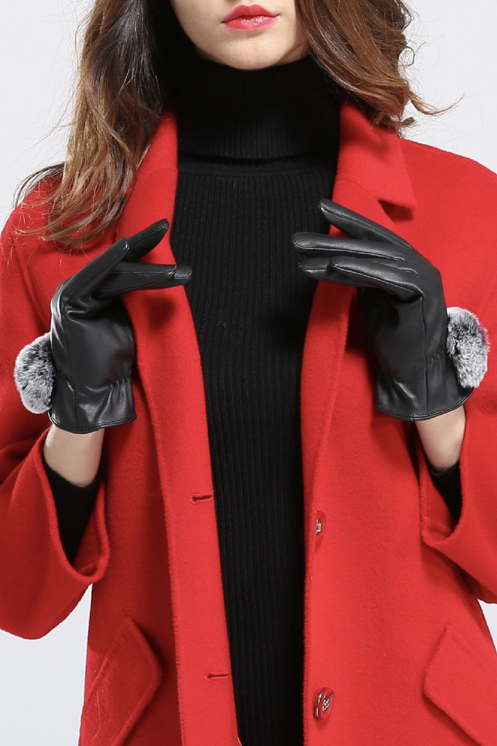 Women Small Hair Ball Decorated Classic Thick PU Gloves