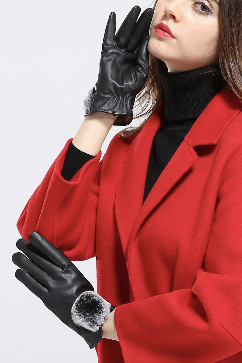 Women Small Hair Ball Decorated Classic Thick PU Gloves