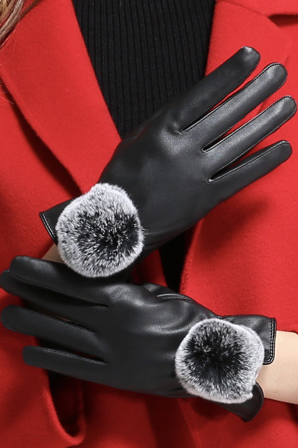 Women Small Hair Ball Decorated Classic Thick PU Gloves