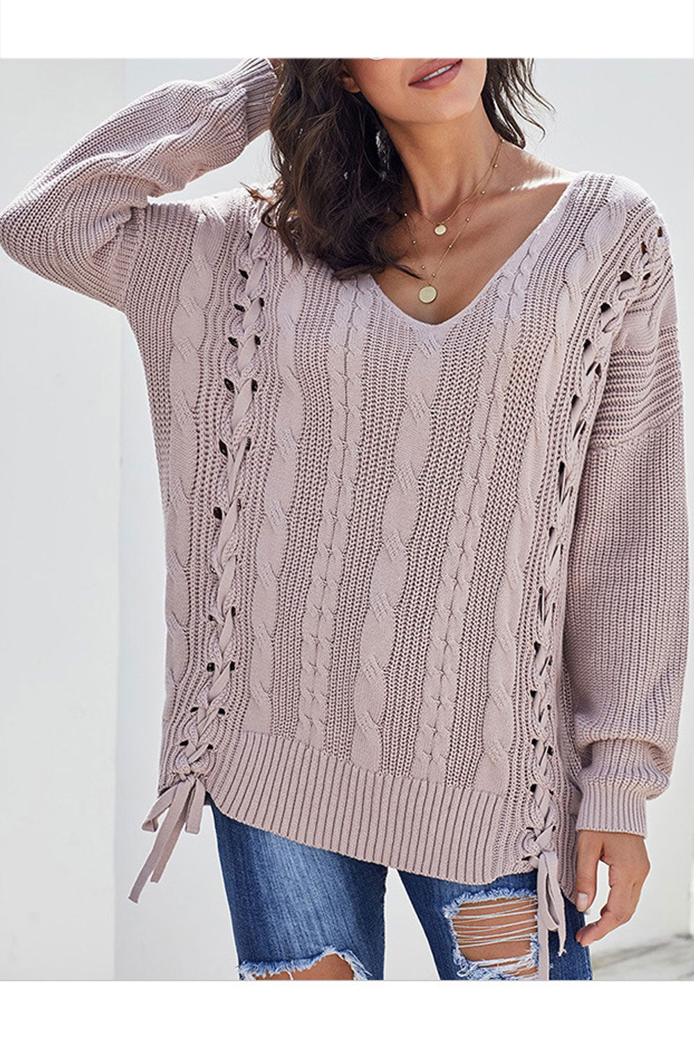 Women Deep V-Neck Thick Solid Pattern Winter Casual Sweater