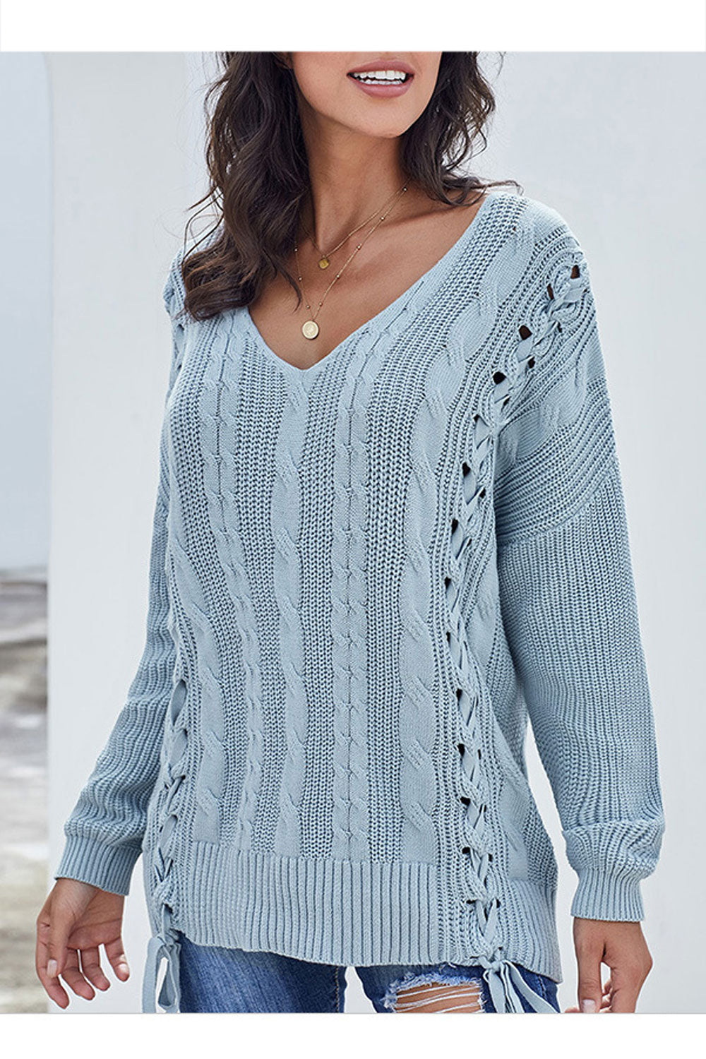 Women Deep V-Neck Thick Solid Pattern Winter Casual Sweater