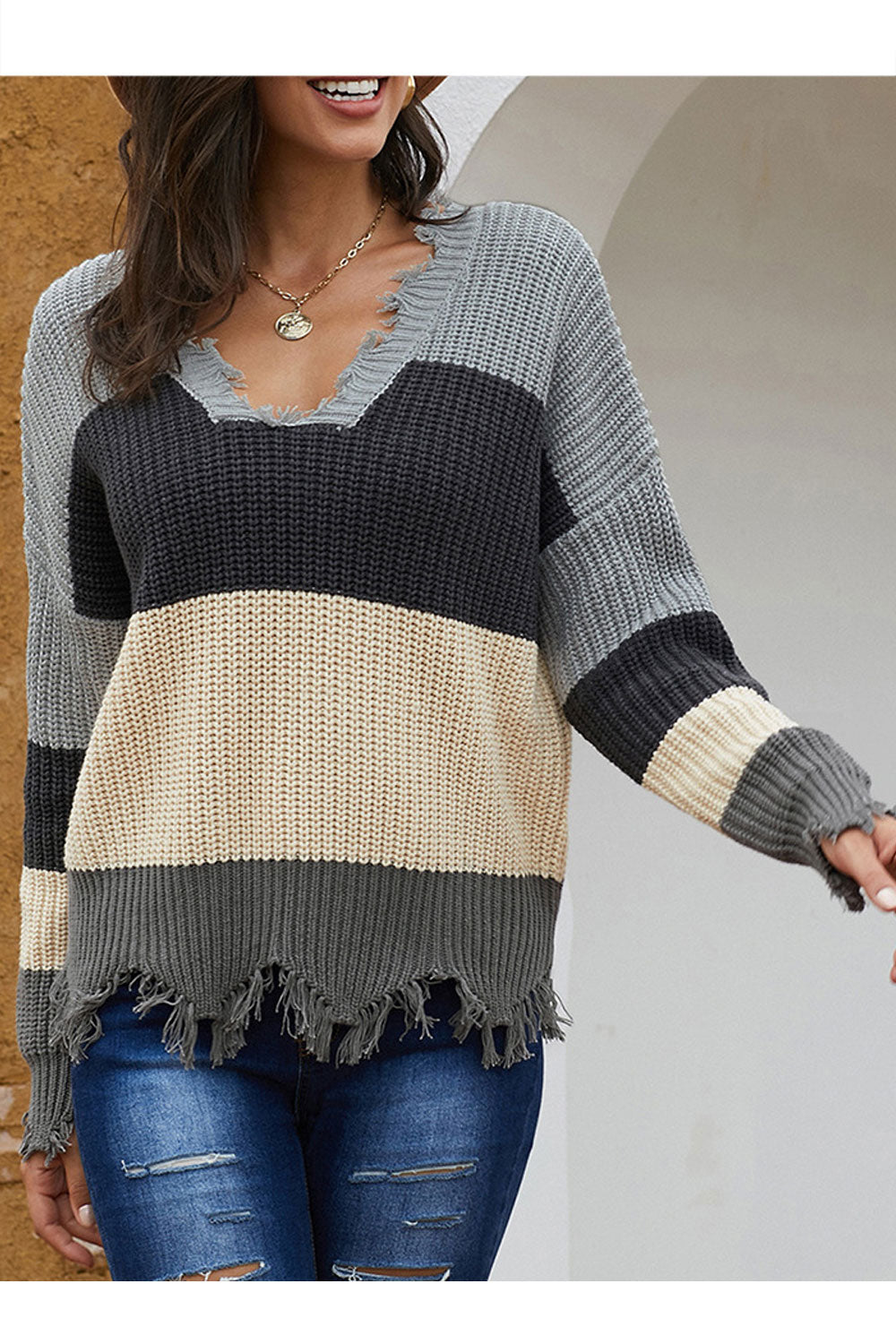 Women Long Sleeve Breathable Trendy V-Neck Warm Sweater