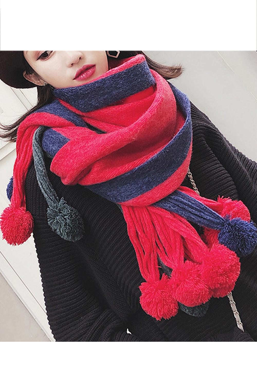 Women Beautiful Hair Ball Decorated Warm Long Length Muffler