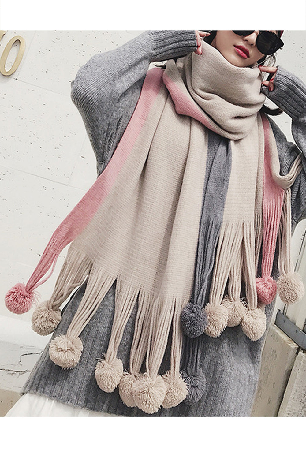 Women Beautiful Hair Ball Decorated Warm Long Length Muffler