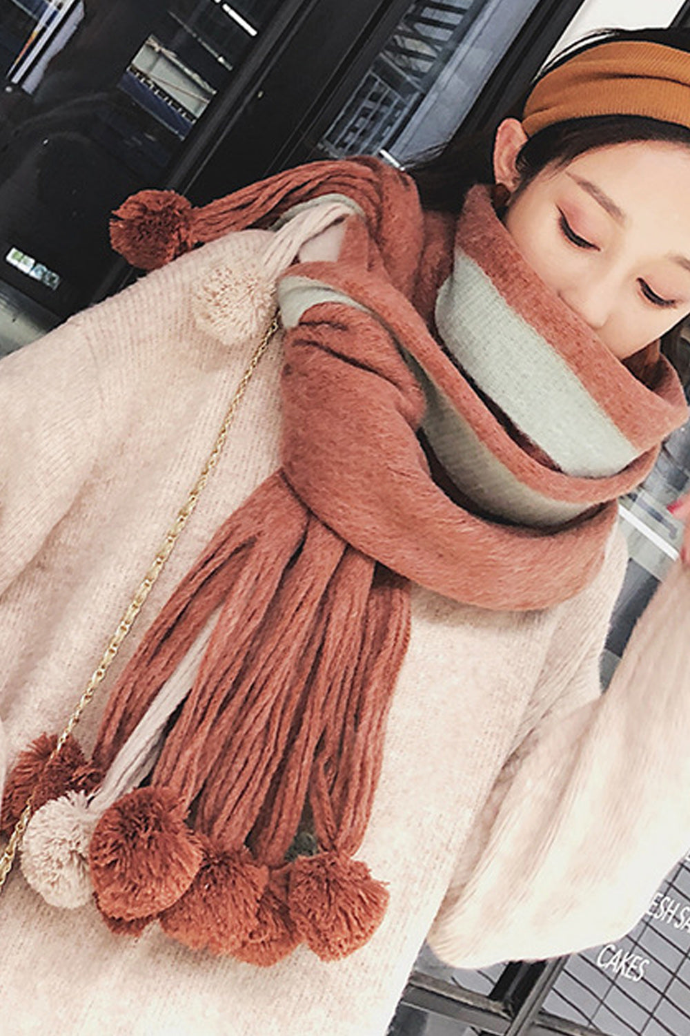 Women Beautiful Hair Ball Decorated Warm Long Length Muffler