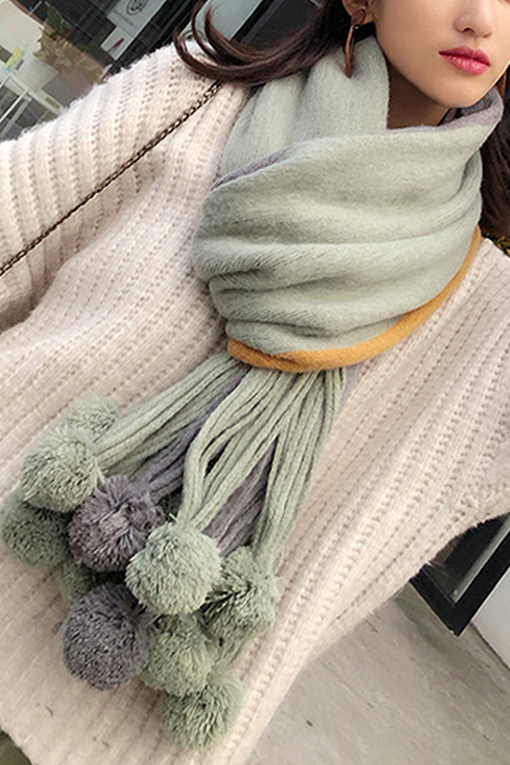 Women Beautiful Hair Ball Decorated Warm Long Length Muffler