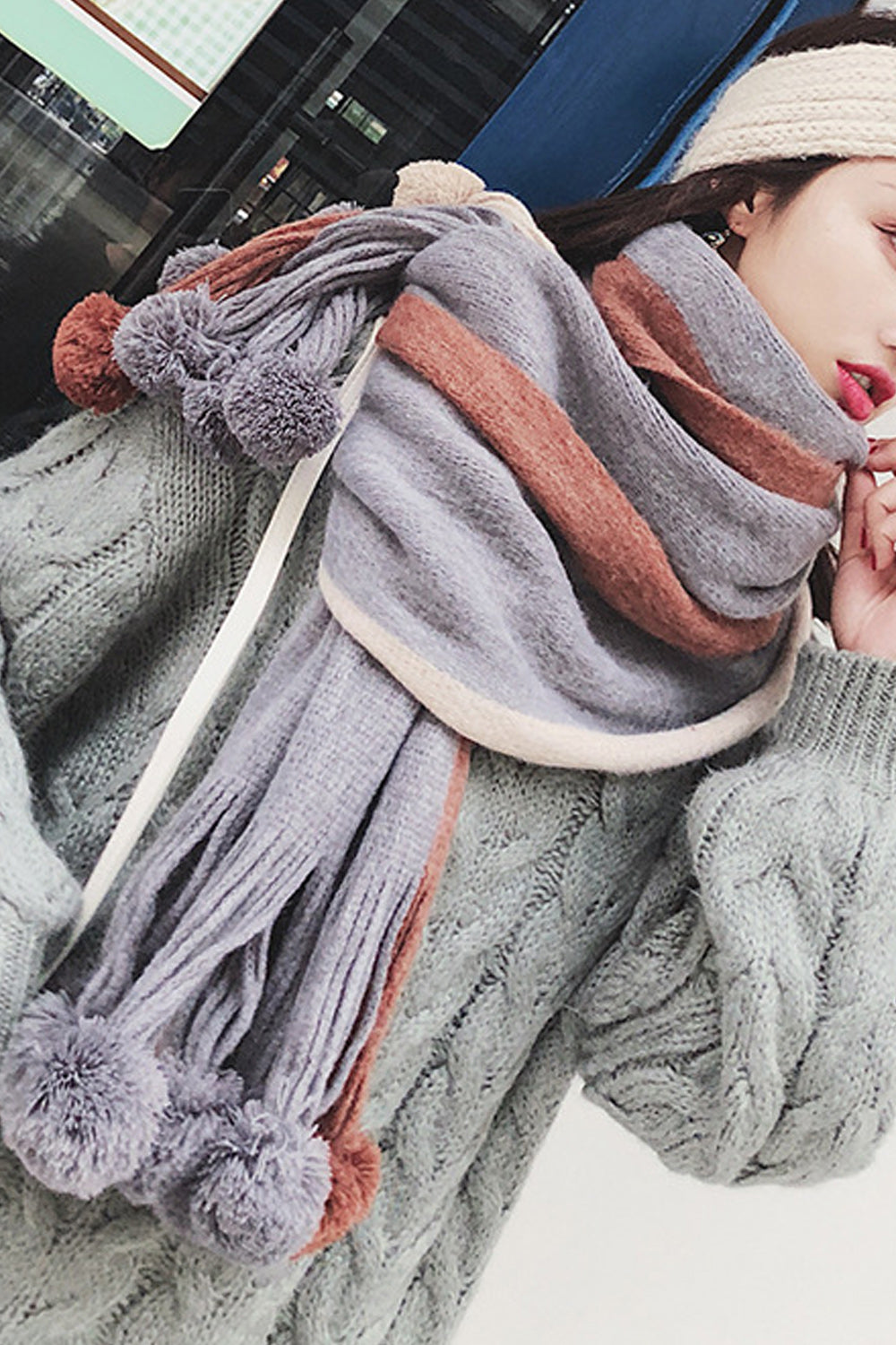 Women Beautiful Hair Ball Decorated Warm Long Length Muffler
