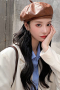 Women Trend Pumpkin Shape PU Leather Cute Beret Hat