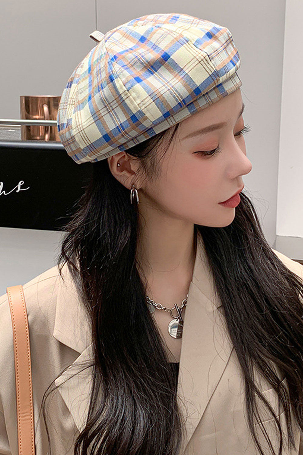 Women Plaid Pumpkin Shape Head Protection Beret Hat