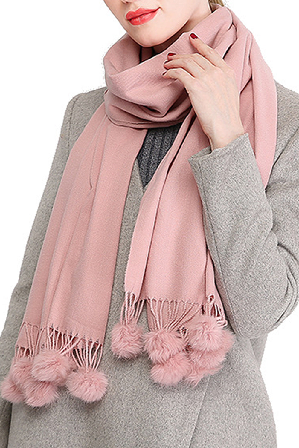 Women Solid Pattern Magnificent Long Hair Ball Decorated Warm Muffler