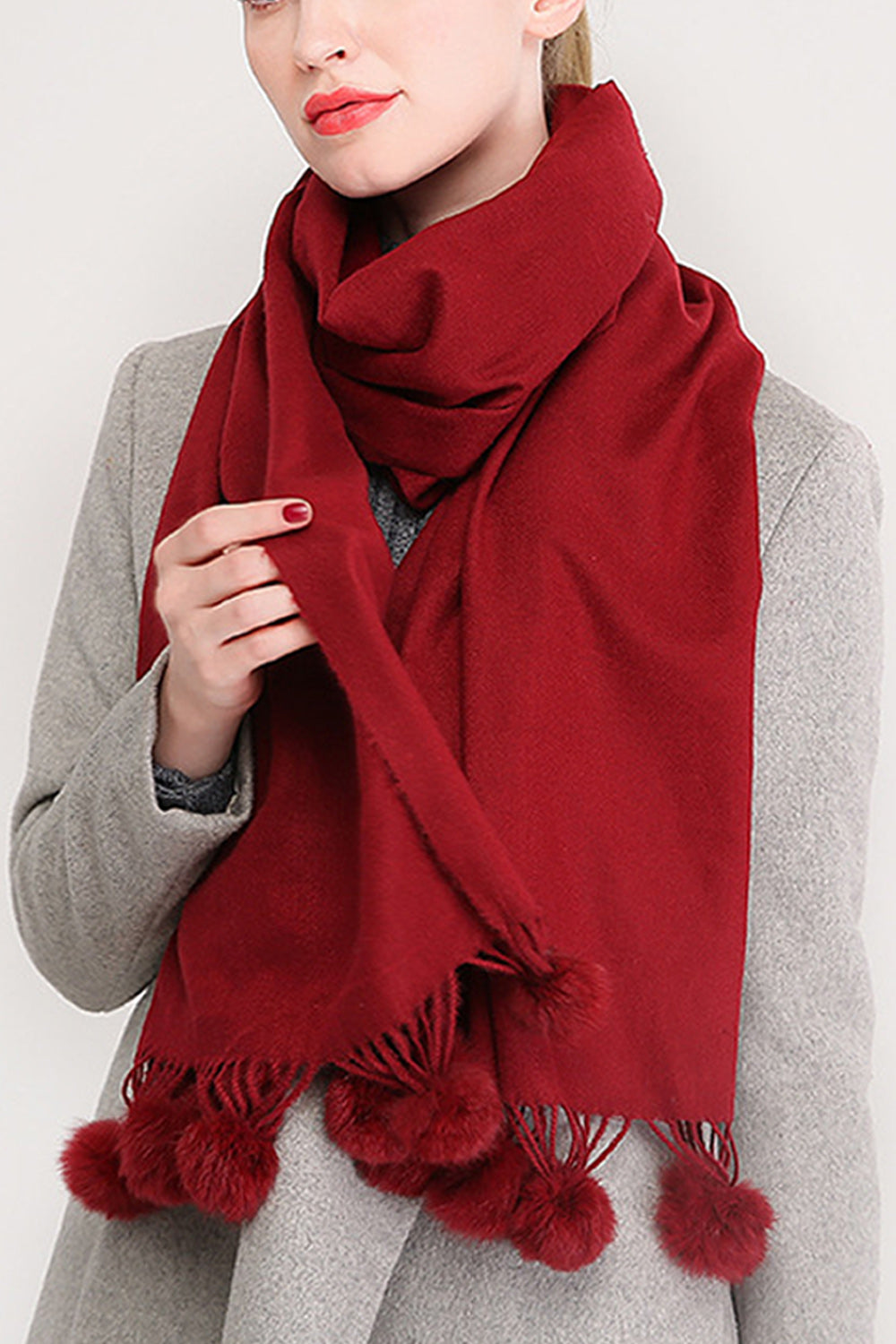 Women Solid Pattern Magnificent Long Hair Ball Decorated Warm Muffler