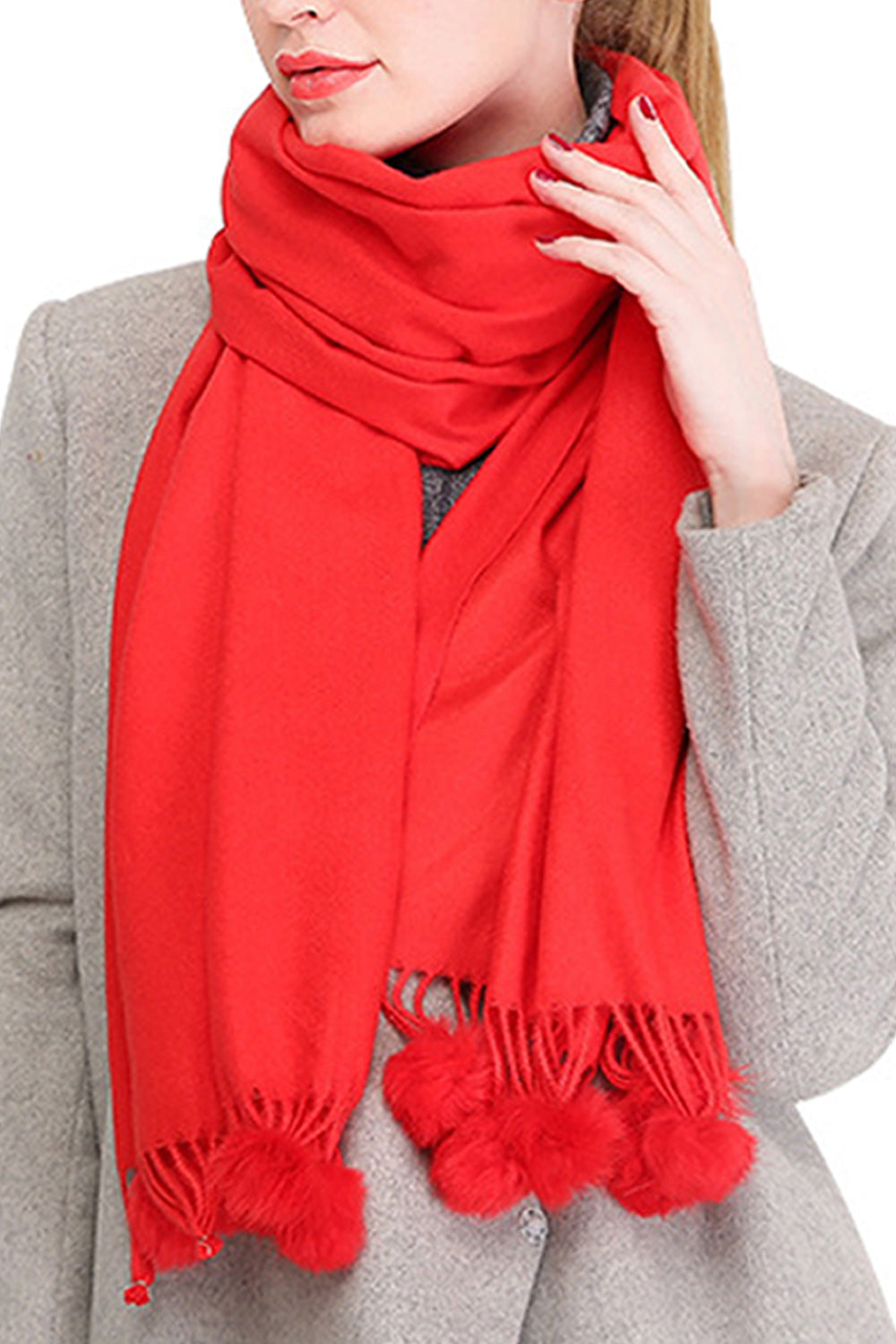 Women Solid Pattern Magnificent Long Hair Ball Decorated Warm Muffler