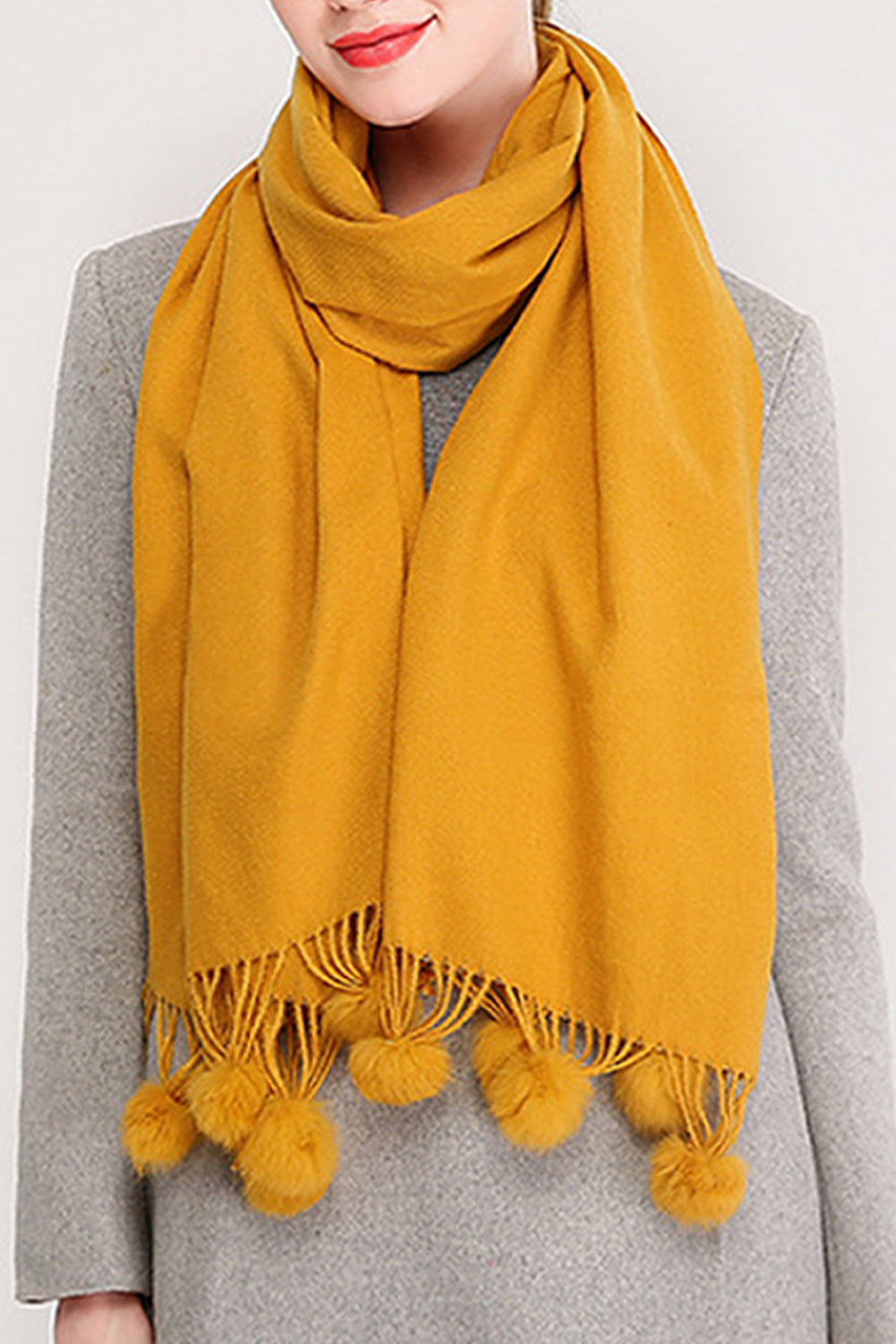 Women Solid Pattern Magnificent Long Hair Ball Decorated Warm Muffler