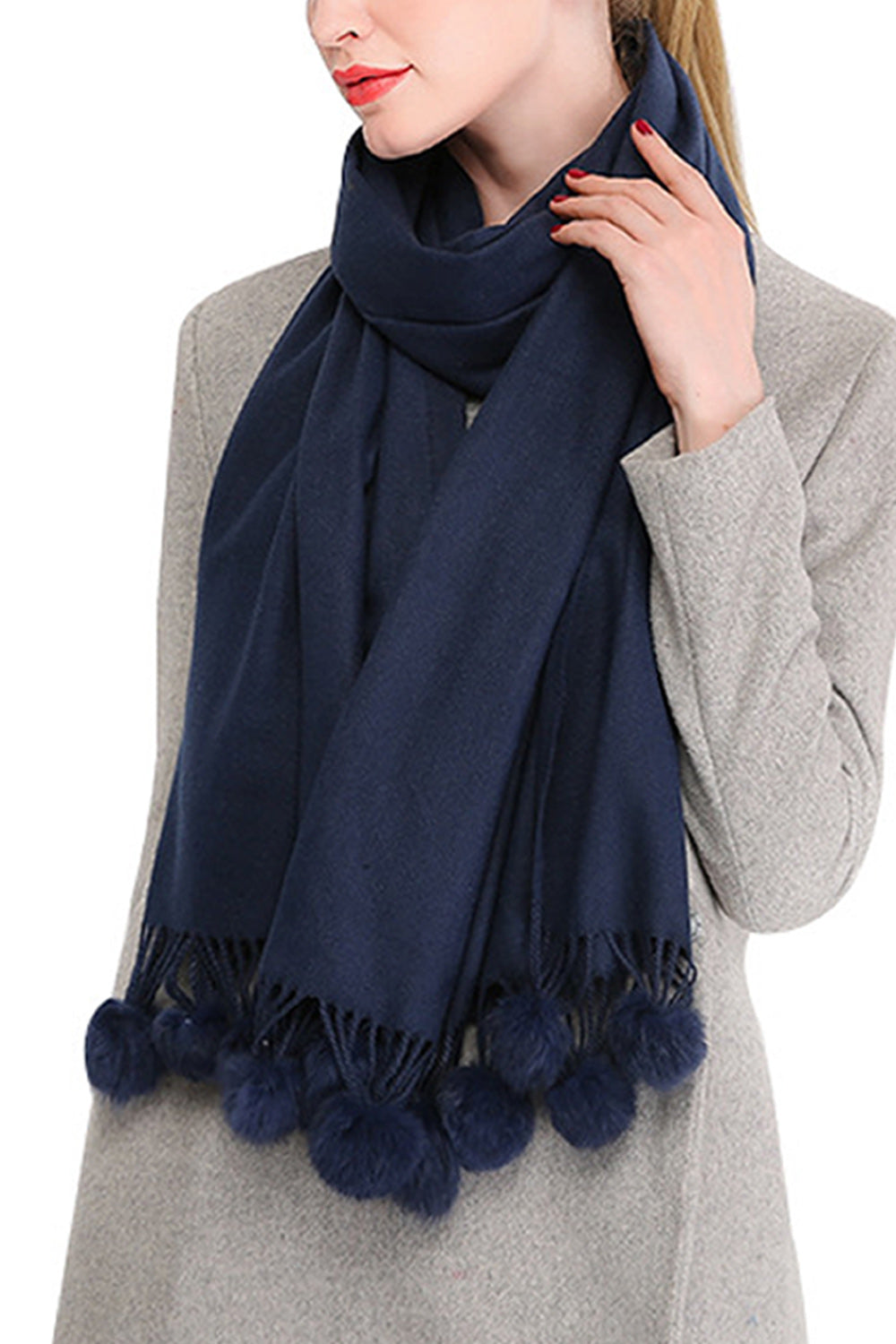 Women Solid Pattern Magnificent Long Hair Ball Decorated Warm Muffler