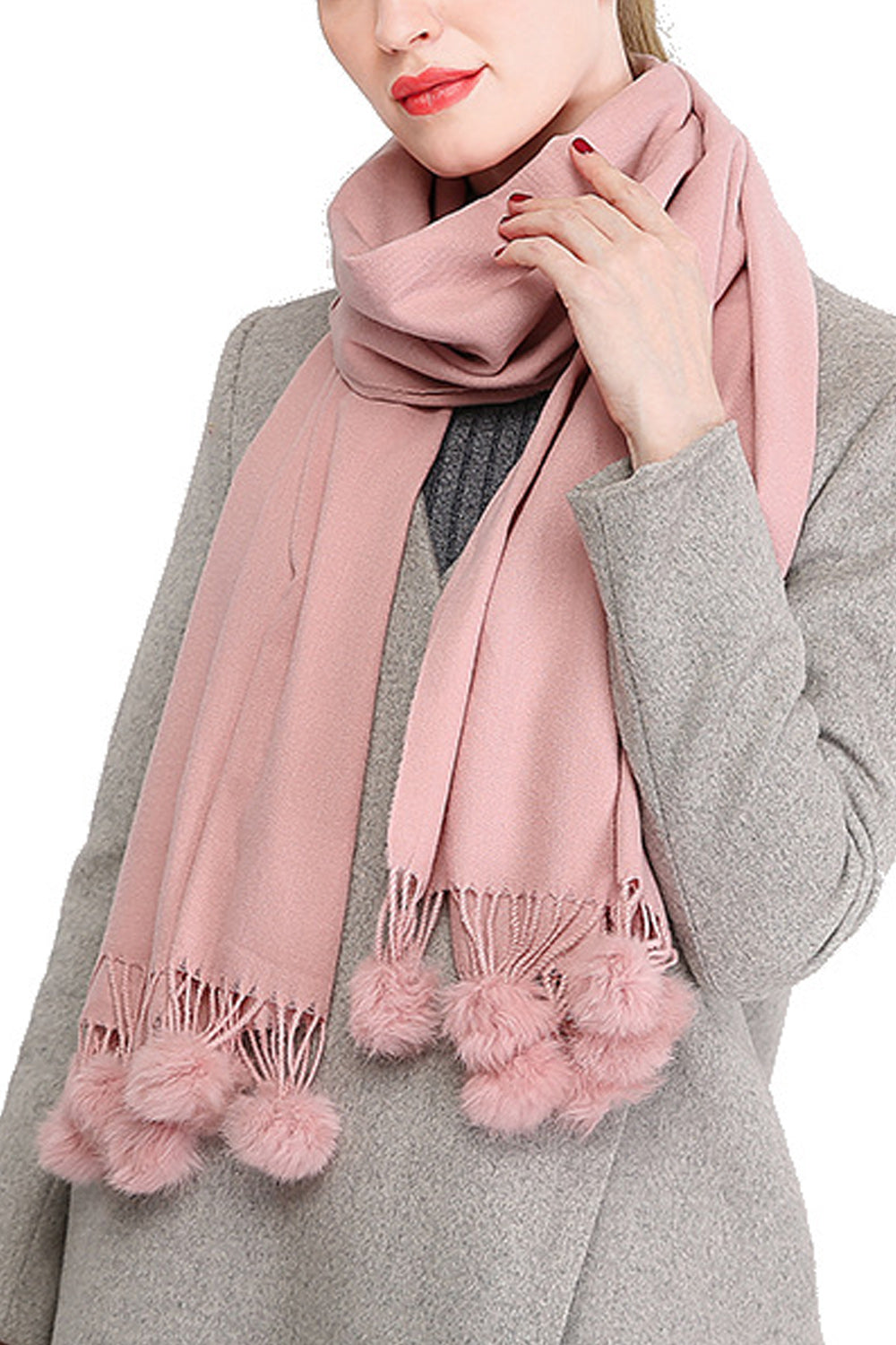 Women Solid Pattern Magnificent Long Hair Ball Decorated Warm Muffler