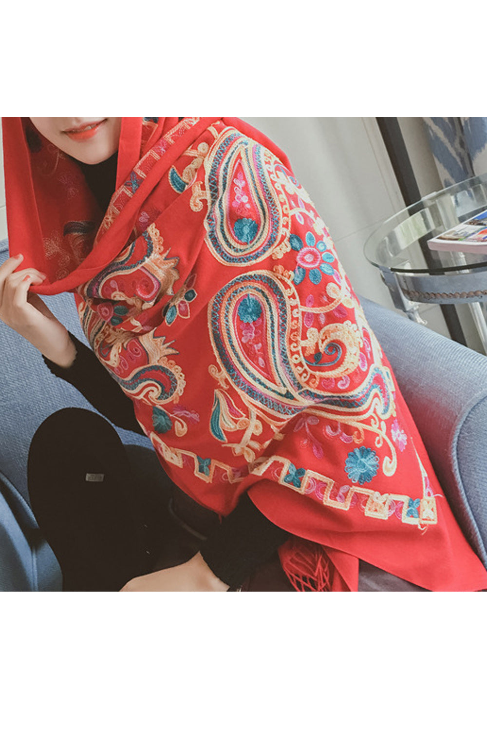 Women Beautiful Embroidered Cashmere Warm Winter Soft Shawl