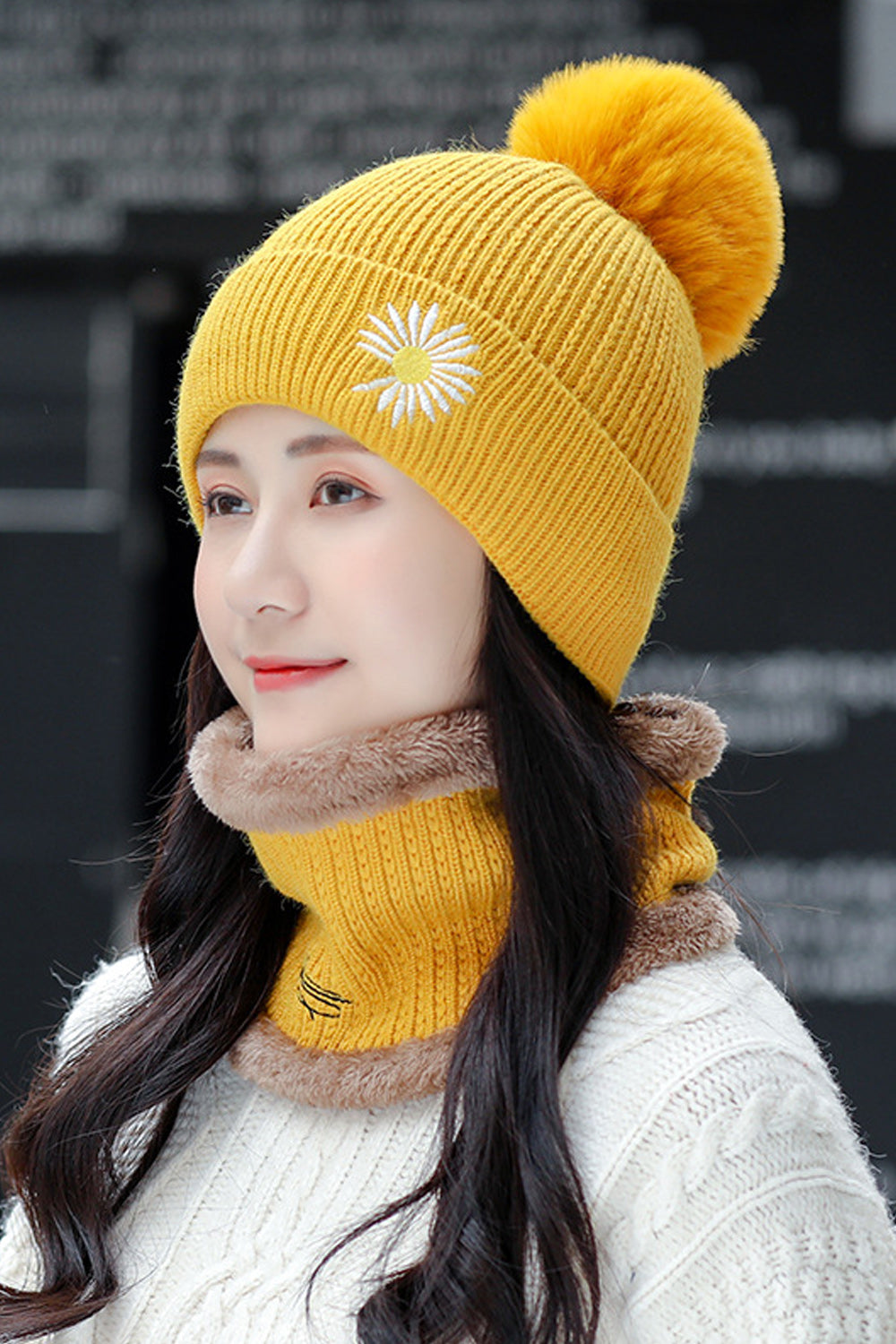 Women Hair Ball Attached Solid Colored Cozy Thick Knitted Hat