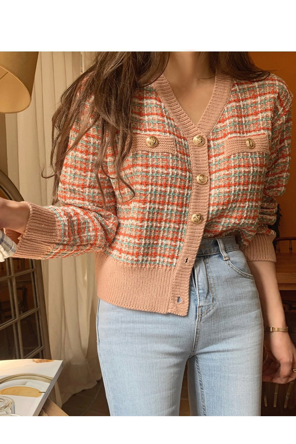 Women V-Neck Classy Plaid Pattern Button Closure Thick Cardigan