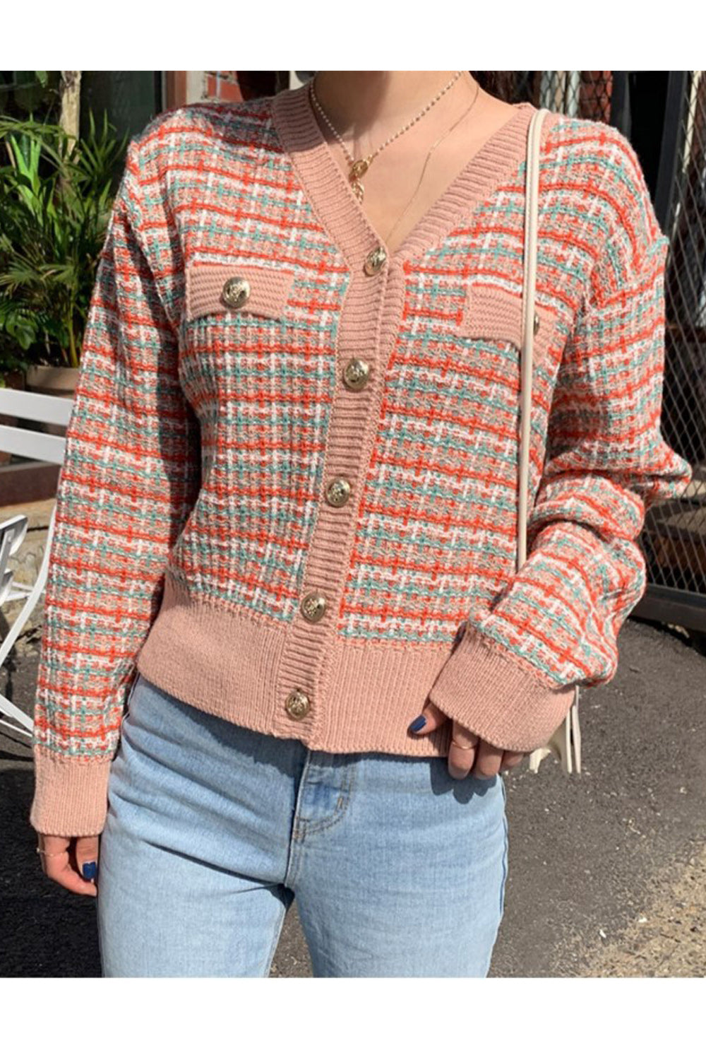 Women V-Neck Classy Plaid Pattern Button Closure Thick Cardigan