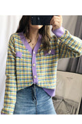 Women V-Neck Classy Plaid Pattern Button Closure Thick Cardigan