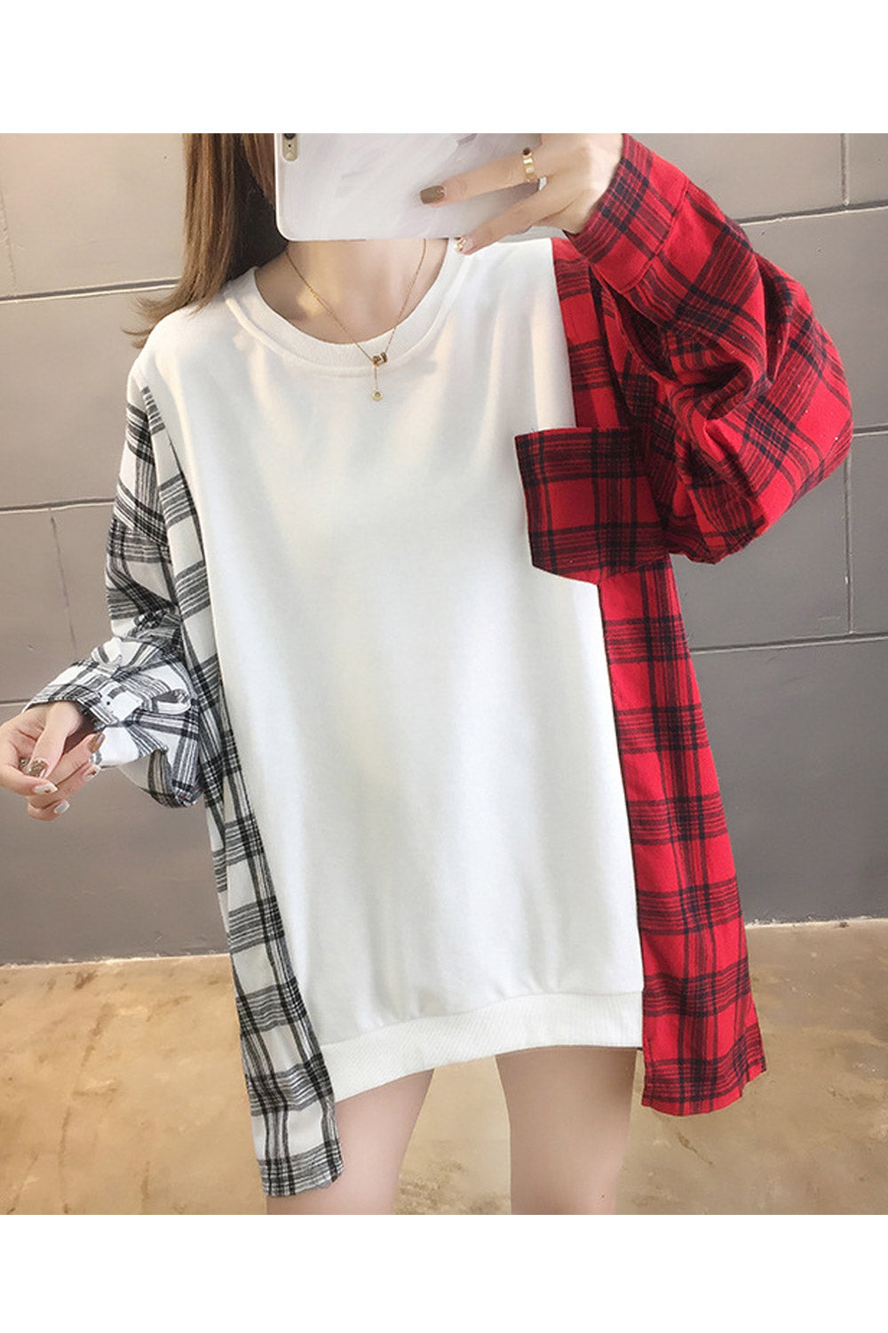 Women Plaid Pattern Long Sleeve Classy Warm Sweatshirt