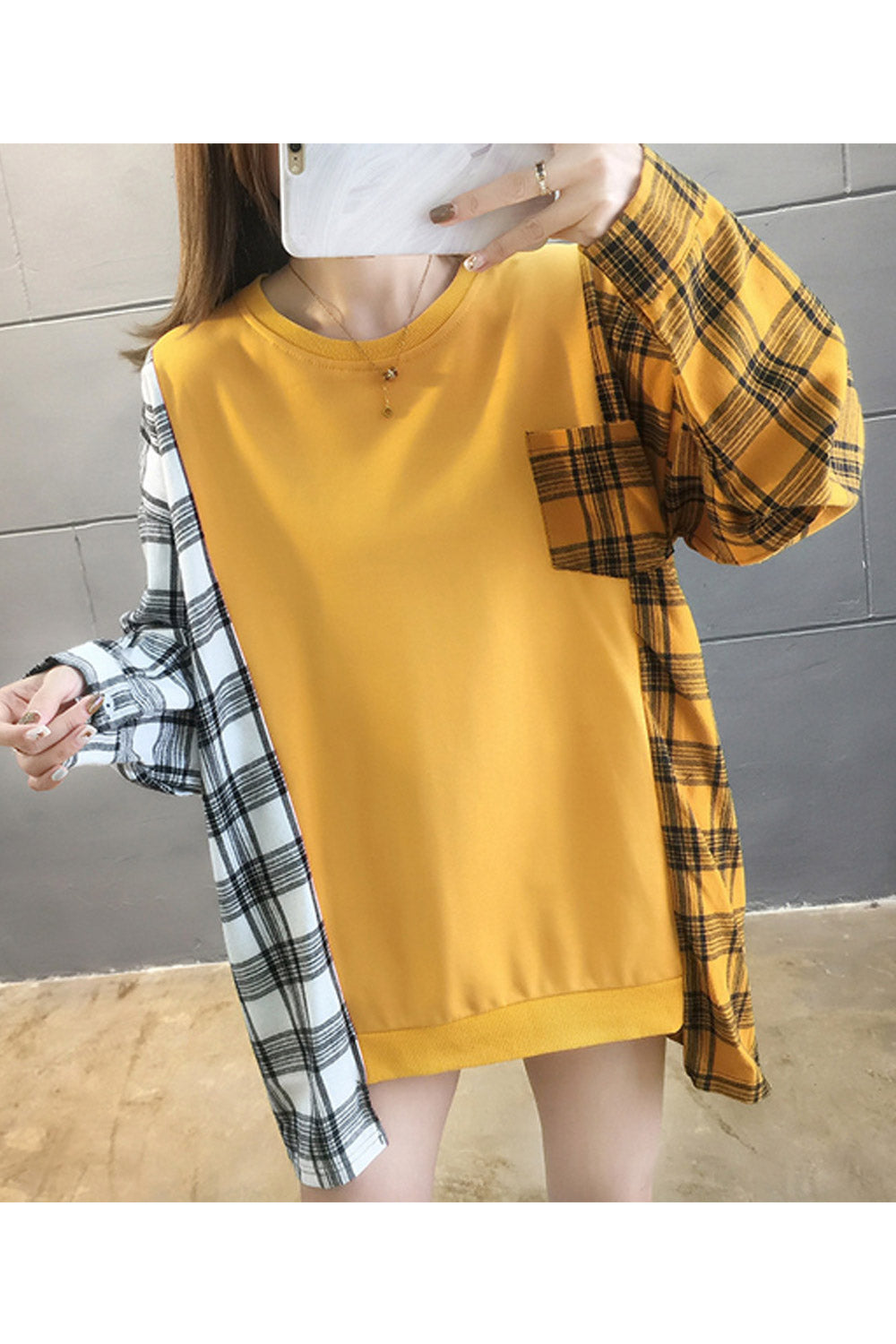 Women Plaid Pattern Long Sleeve Classy Warm Sweatshirt