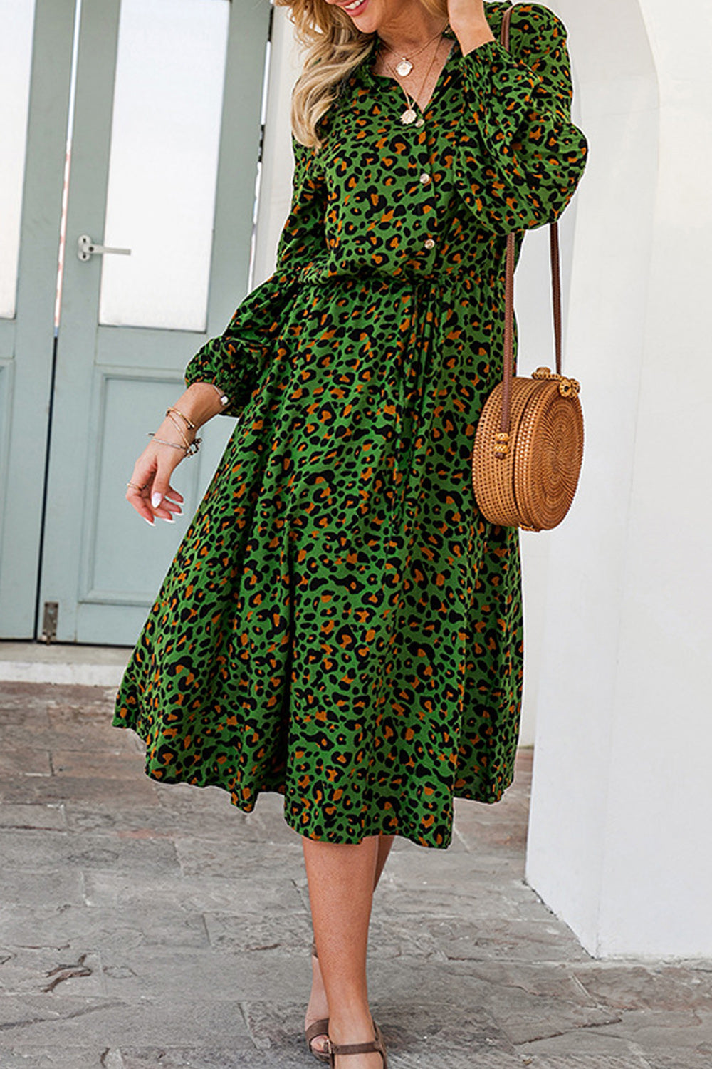 Women Elegant Leopard Printed Long Sleeved Breathable Dress