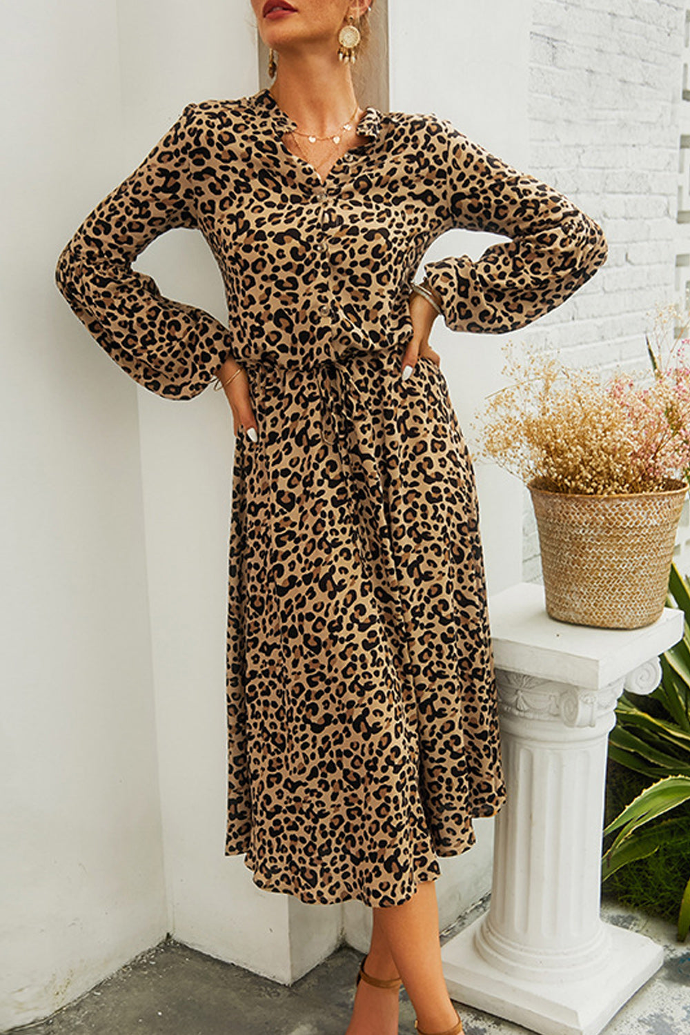 Women Elegant Leopard Printed Long Sleeved Breathable Dress