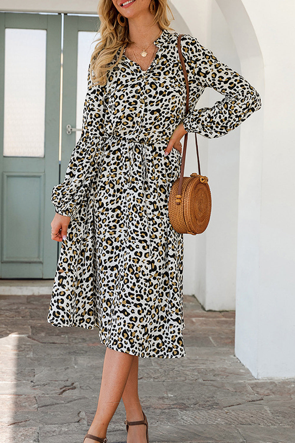Women Elegant Leopard Printed Long Sleeved Breathable Dress