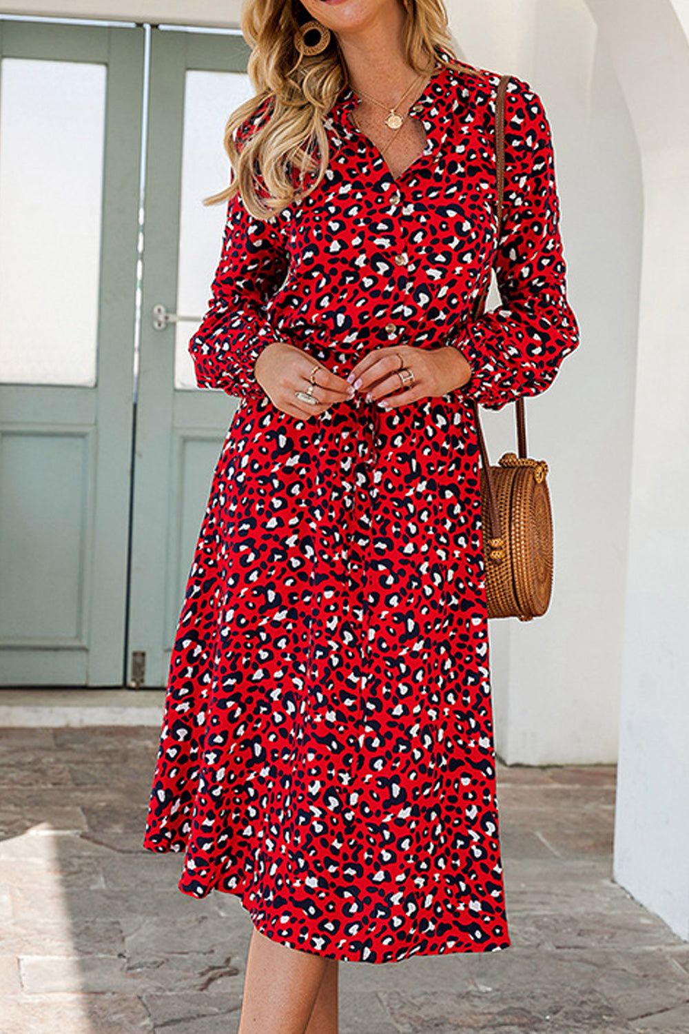 Women Elegant Leopard Printed Long Sleeved Breathable Dress