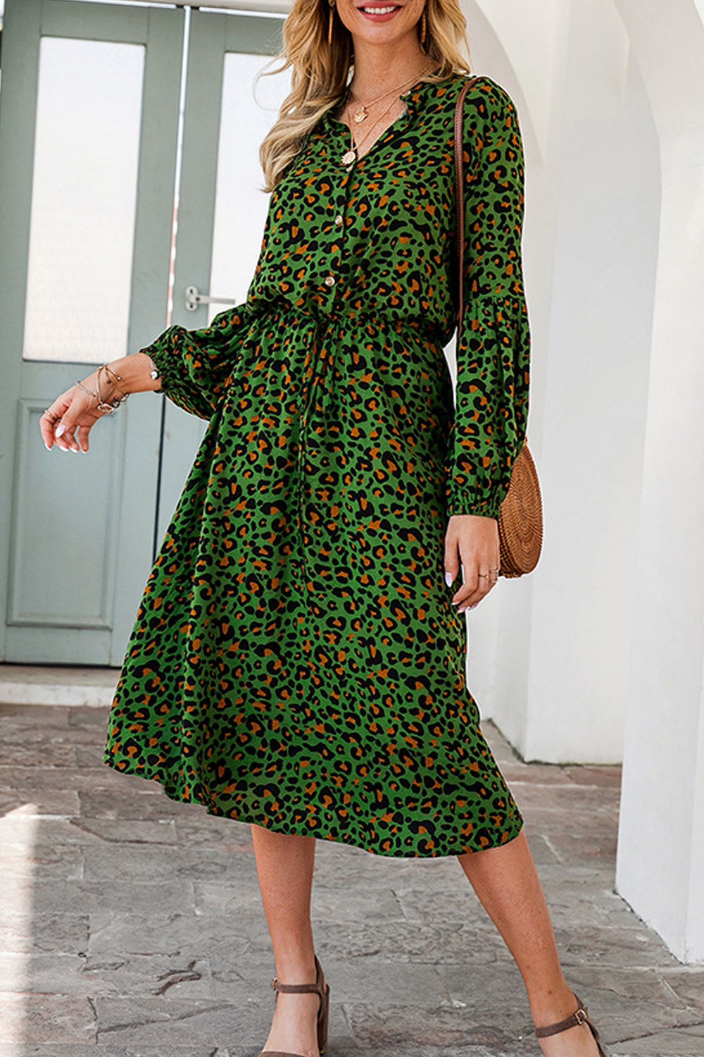 Women Elegant Leopard Printed Long Sleeved Breathable Dress