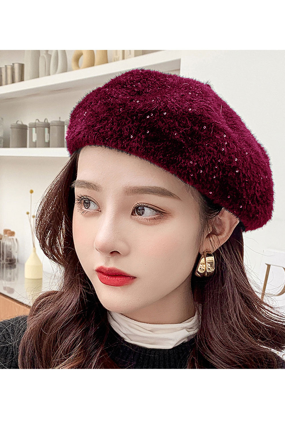 Women Shiny Small Sequins Decorated Beautiful Thick Beret Hat
