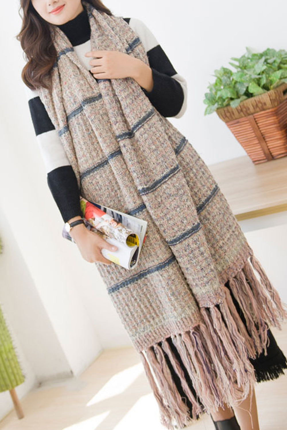 Women Long Length Soft Tassel Decorated Comfy Warm Muffler