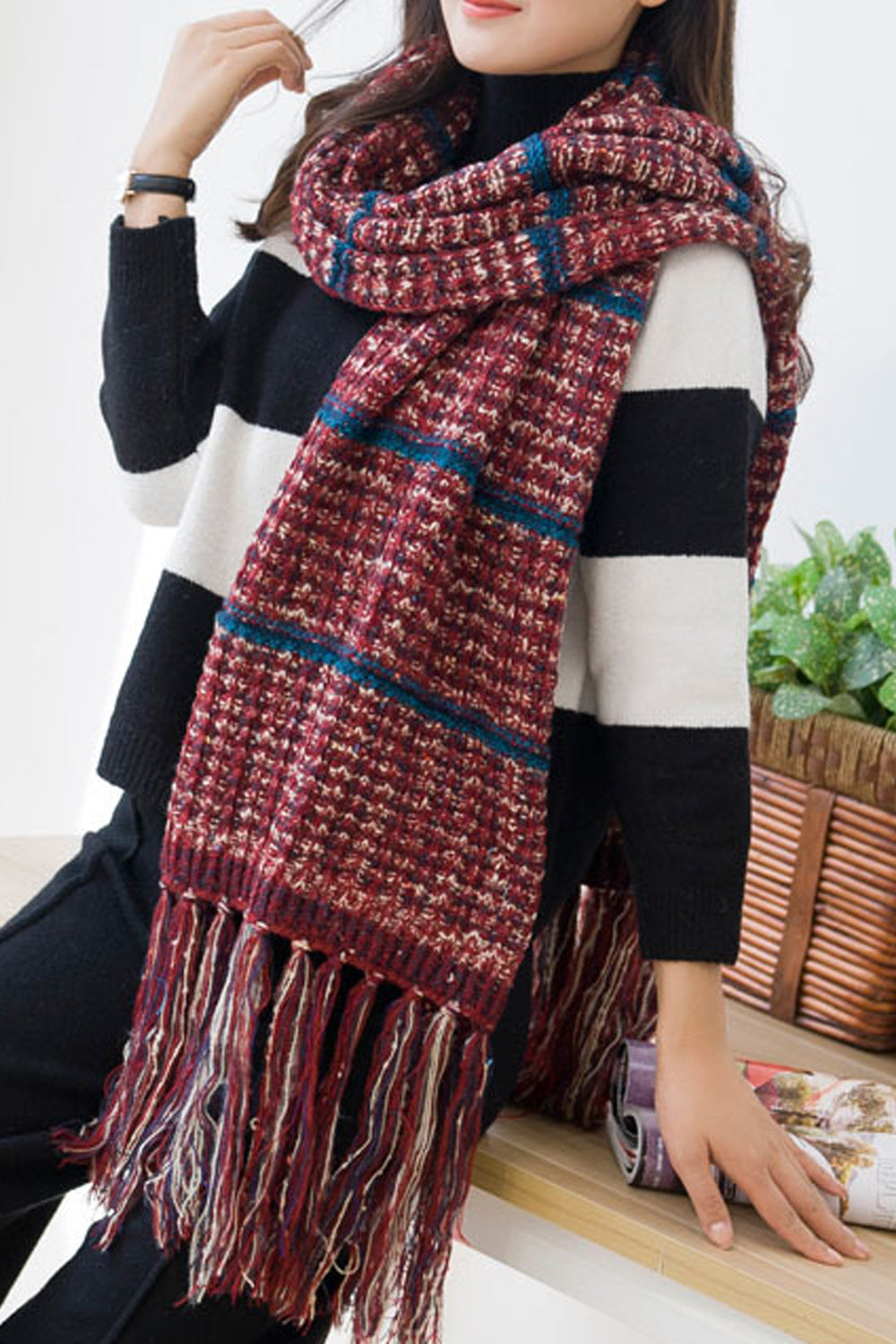 Women Long Length Soft Tassel Decorated Comfy Warm Muffler