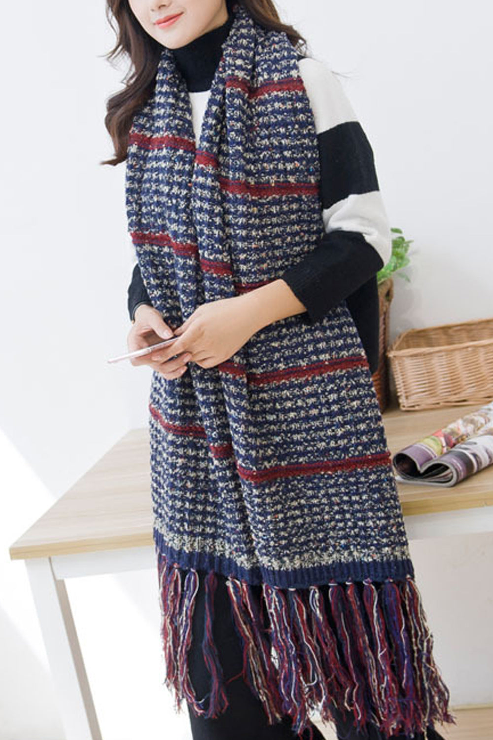 Women Long Length Soft Tassel Decorated Comfy Warm Muffler