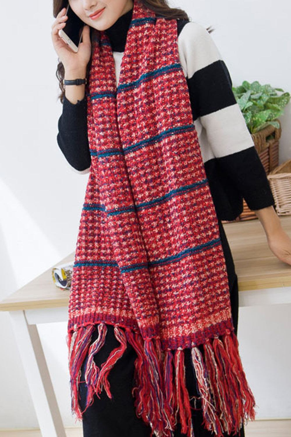 Women Long Length Soft Tassel Decorated Comfy Warm Muffler