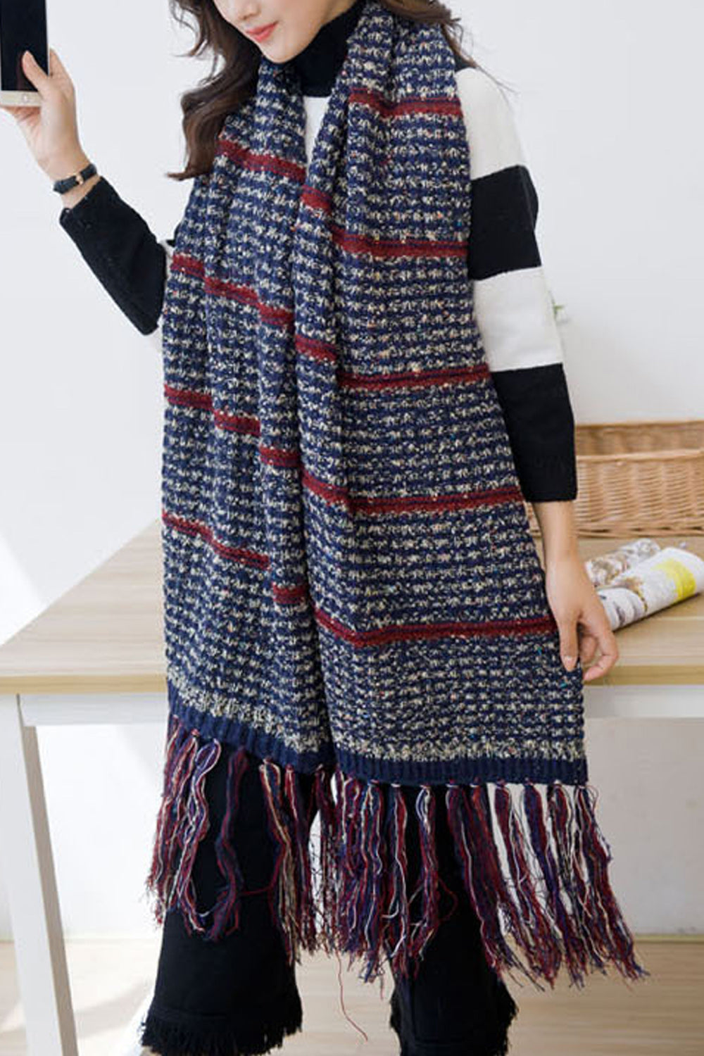 Women Long Length Soft Tassel Decorated Comfy Warm Muffler